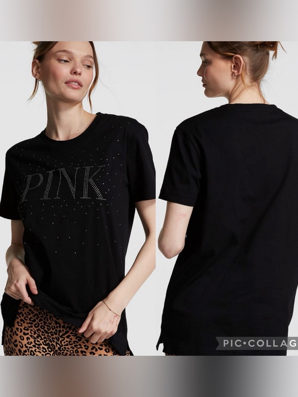 PINK Victoria's Secret Black Rhinestone Logo Short Sleeve Tee